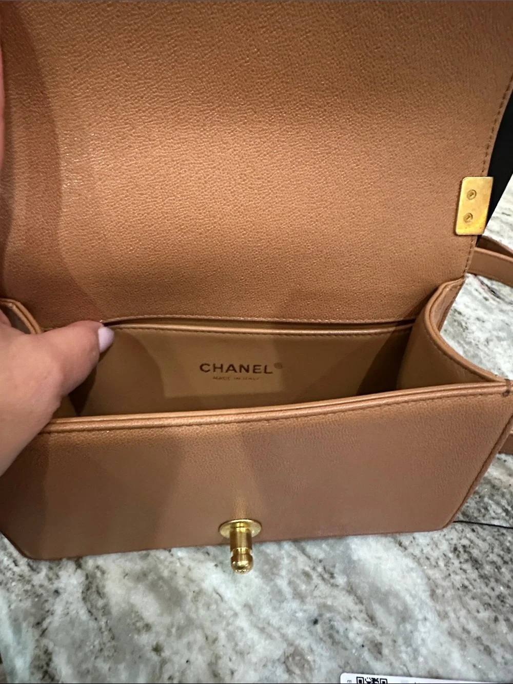 CHANEL Chevron Quilted Boy Flap Bag with Gold Hardware small Tan